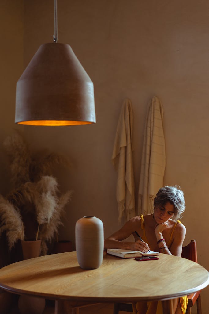 Serene image of a senior woman writing at a table in a warmly lit home environment.